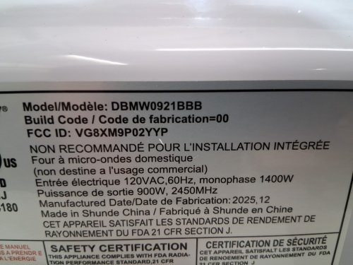 DANBY COUNTERTOP MICROWAVE- 0.9 CU. FT - 900W - BLACK (MODEL: DBMW0921BBB) image 7