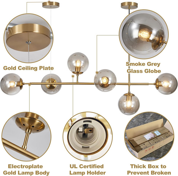 KCO Lighting ADJUSTABLE Mid-Century Modern Ceiling Pendant Chandelier Hanging Light - 110-240V - GOLD/amber(MODEL: L1039-GA) image 3