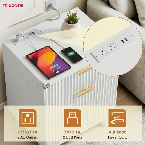 Miucore MODERN WOOD Fluted Night Stand with Charging Station -  15.7" x 19.7" x 26.3" - white (model: FN-NS001) image 2