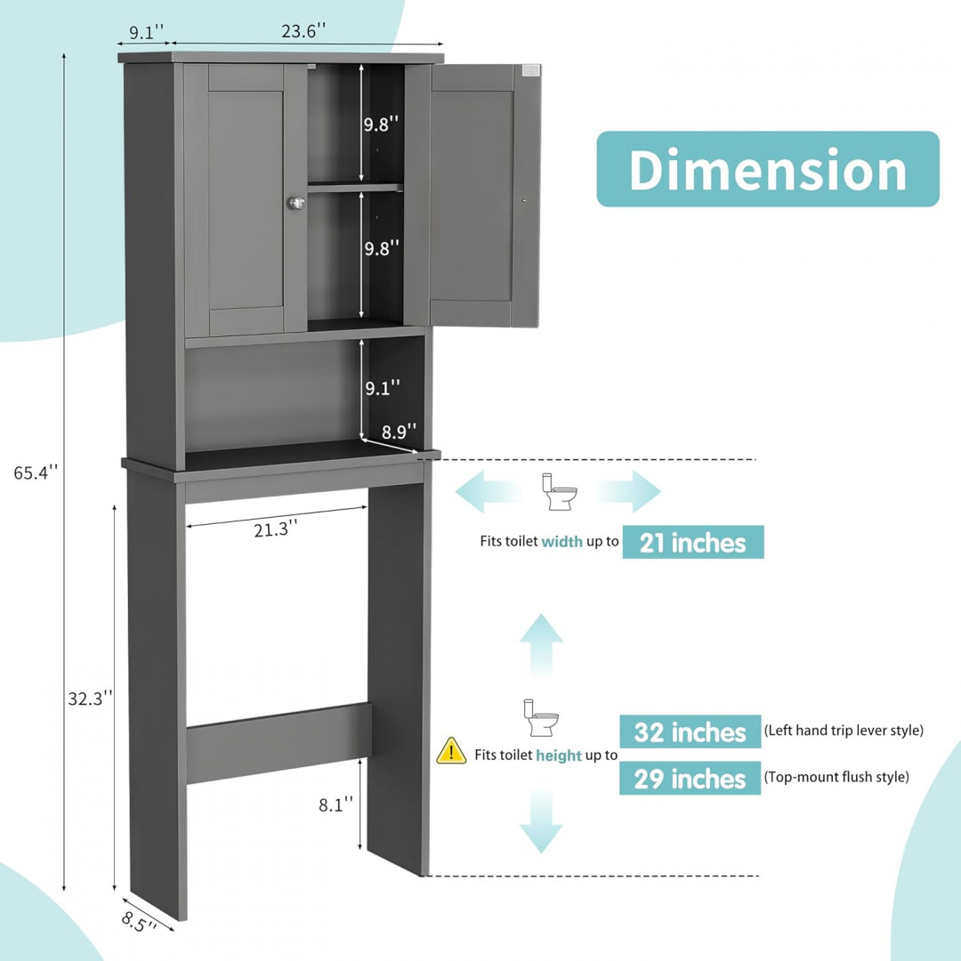 Shintenchi Over the Toilet Storage Cabinet bathroom shelf with adjustable shelf - grey (model: shx-mtj2466a-gy-x-0-s) image 2