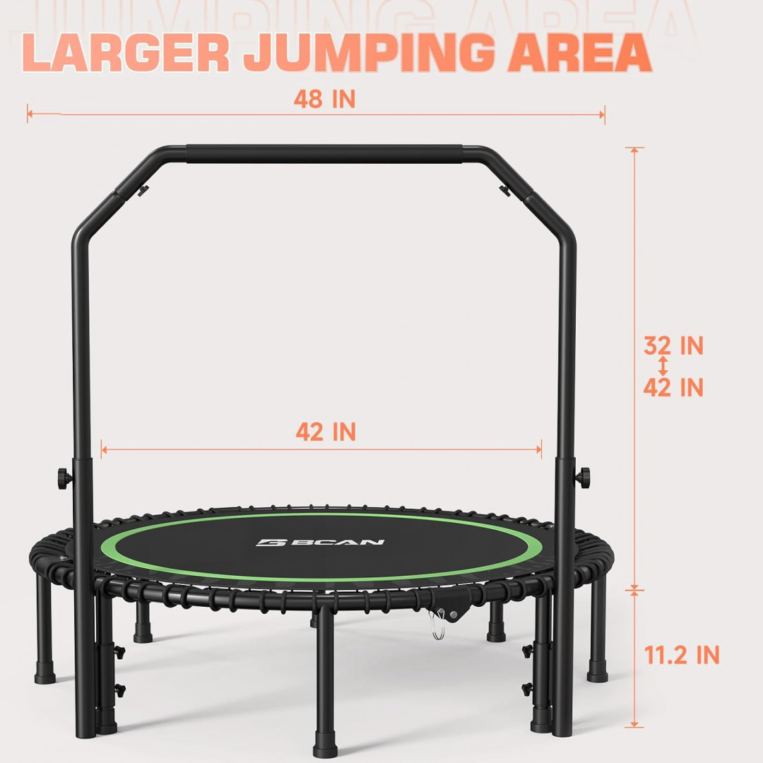 BCAN Foldable Mini Fitness Trampoline with Bungees and Adjustable Foam Handle - 48" - 550lb max - green/Black (model: ‎TX-B6232C-40+C) image 2