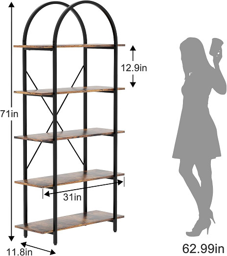 Arbuxzuy 5-Tier Arched Bookshelf - 71" X 31" X 11.8" - RUSTIC BROWN - (MODEL:ZY2893/BS004A) image 2