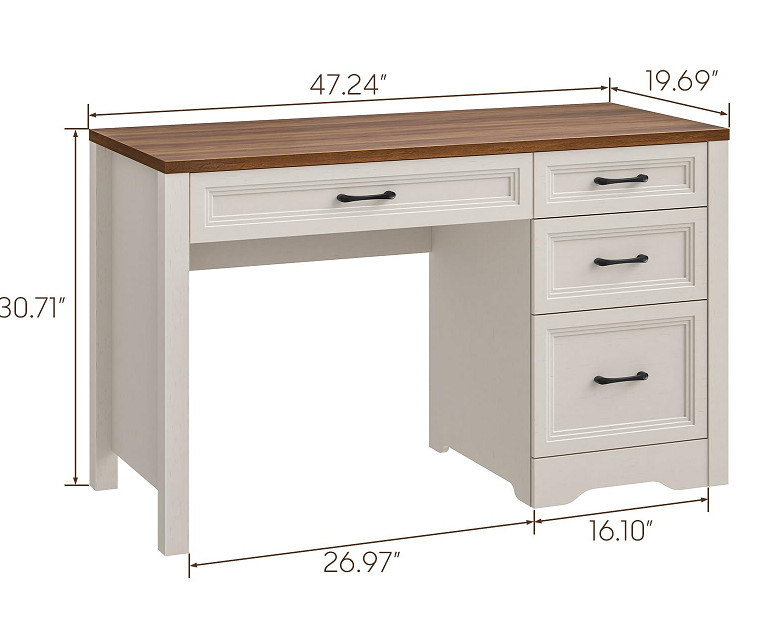Bonvache Farmhouse Executive Desk with storage and file Drawers - 47" x 20" x 31" - Brown/white (model:  c6a012bs01) image 2