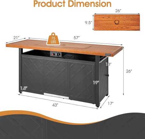 PatioJoy Propane Fire Pit Table - 50,000 BTU - 26" x 57" x 21" - Black/Brown image 2