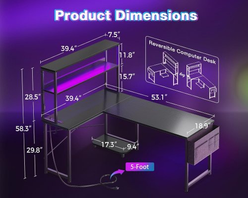 aodk reversible l-shaped gaming desk with led, power outlet, and storage bag - 53" - black image 2
