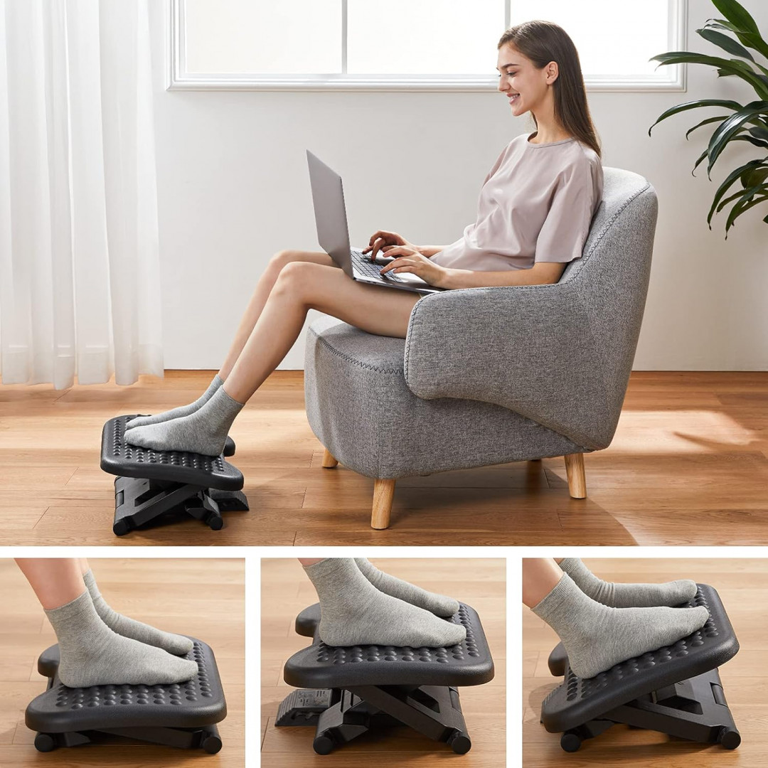 HUANUO adjustable under-desk ergonomic foot rest with 30 degree tilt angle - 3 heights: 4.3" , 5.5",  6.7" - 4.3" x 17.3" x 13.4" - black (model: HNFR3) image 2
