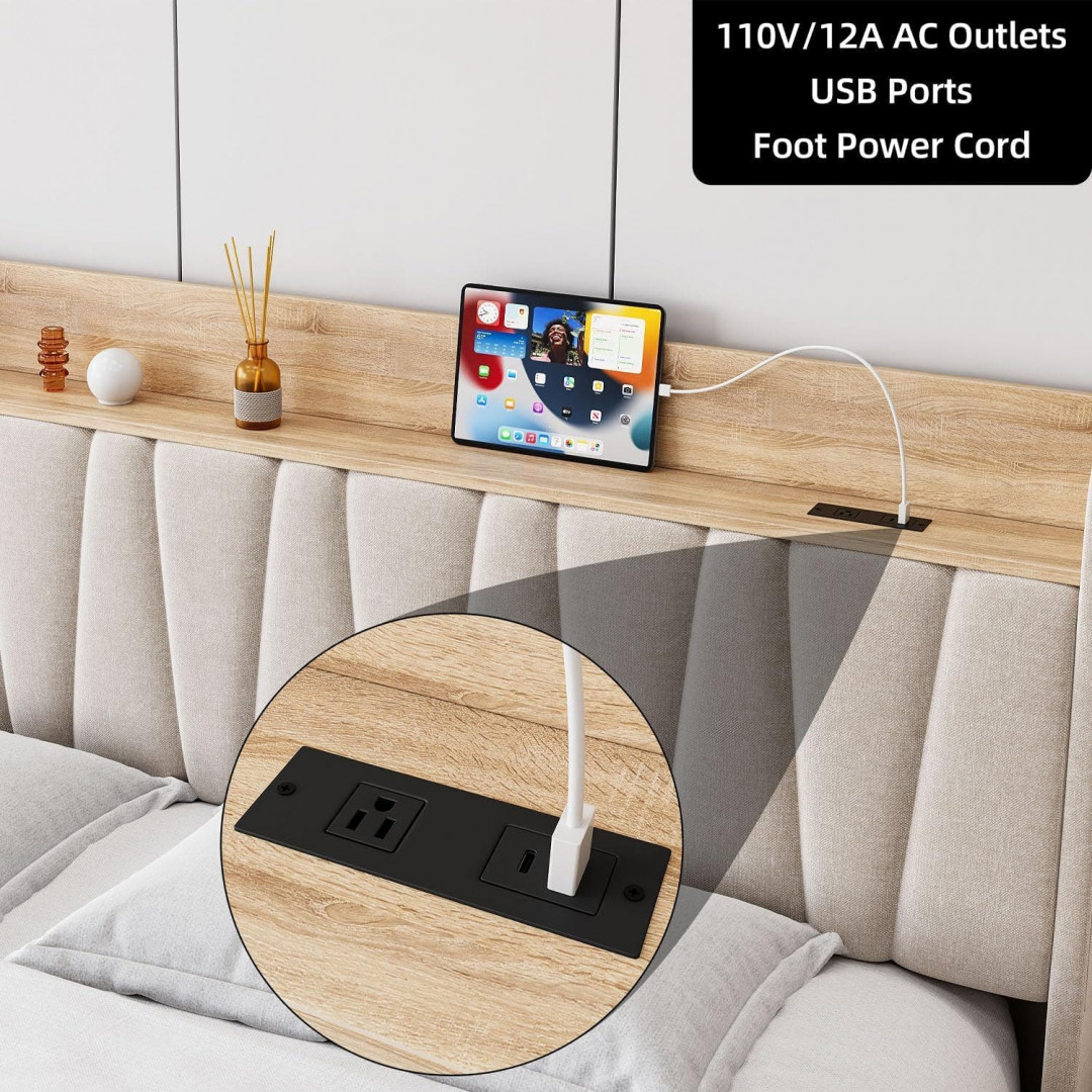 garvee upholstered bed frame with wooden slat support, headboard shelf, storage drawer, & charging station - TWIN - beige - (model: pho_158di9o0) image 2