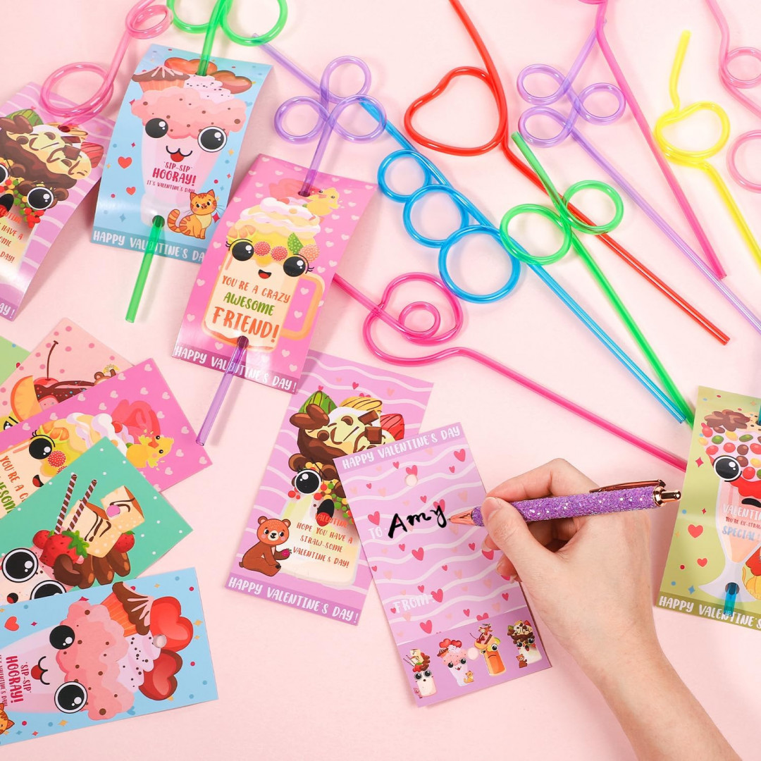 32pc Valentine's Day Cards and Silly Straws for Kids image 2
