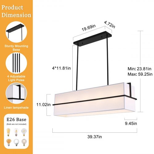 Ajanee 5-Light Rectangular Chandelier with Fabric Shade -11.'' x 39.3'' x 39.3'' - White/Black image 3