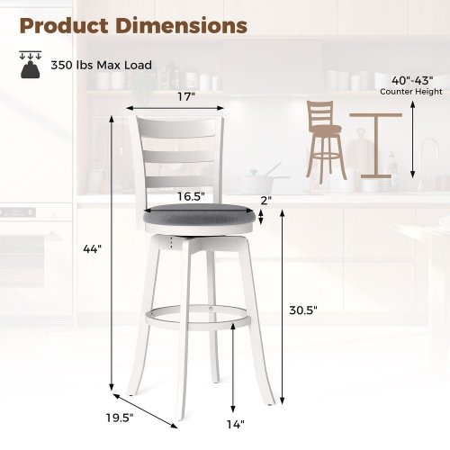 2PK Gymax Swivel Barstools with Backrest and Upholstered Seat - 30.5" x 16.5" - 350lbs cap - Beige/Grey (Model: JV13611) image 2
