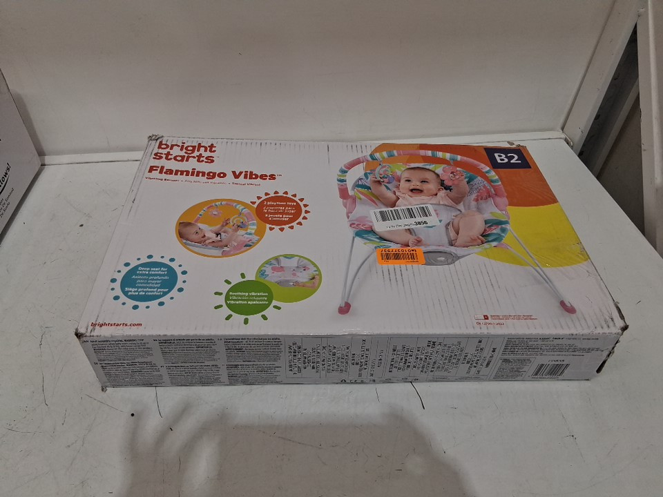 BRIGHT STARTS 3-POINT HARNESS VIBRATING BABY BOUNCER WITH TOY BAR - FLAMINGO VIBES (MODEL: 12228-ES) image 2