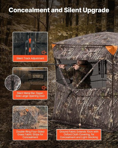 VEVOR HUNTING BLIND 360º SEE-THROUGH PORTABLE RESILIENT HUNTING TENT GROUND BLIND WITH CARRYING BAG - 70" X 70" X 78.7"/4-5 PERSON - CAMOUFLAGE - (MODEL: ZH707079-360TS) image 2