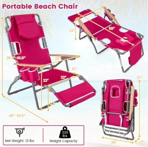 3-IN-1 Foldable Beach Chair with Footrest and Adjustable Backrest - 330LBS CAP - Pink (Model: NP12638PI) image 2