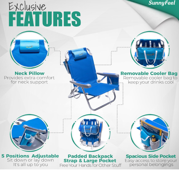 SUNNYFEEL 5 Position foldable Beach Chair with Cooler Bag, Cup Holder and attached carrying straps- 300LB max - blue (model: ac1168r) image 2