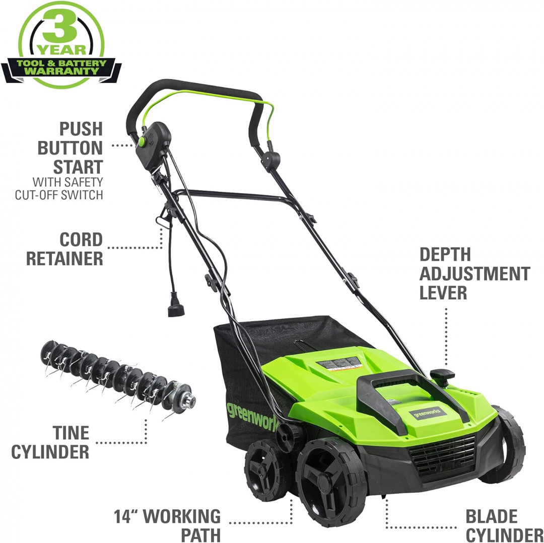 GREENWORKS CORDED Electric DETHATCHER - 14" - 120V - 13 AMP - Green/Black (MODEL: DHA103) image 3