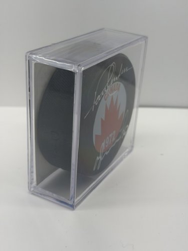 SIGNED PAUL HENDERSON CANADA 1972 HOCKEY PUCK WITH COA FROM UNIVERSAL image 3