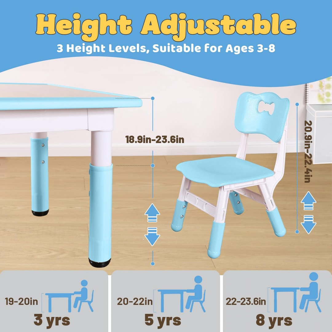 3PC FUNLIO Kids Table and 2 Chairs Set ADJUSTABLE - 18.9" - 23.6" - blue  (Model: FL-010) image 2