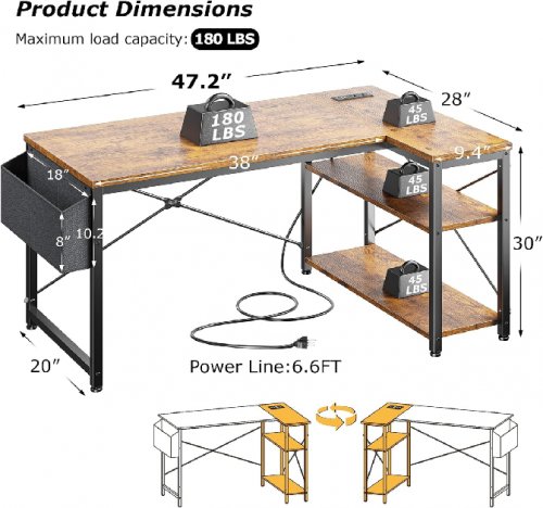 enhomee l shaped Computer Desk with power outlet - 20" x 47.2" x 30" - brown/black (model:TM-CPD-120L-BR) image 2