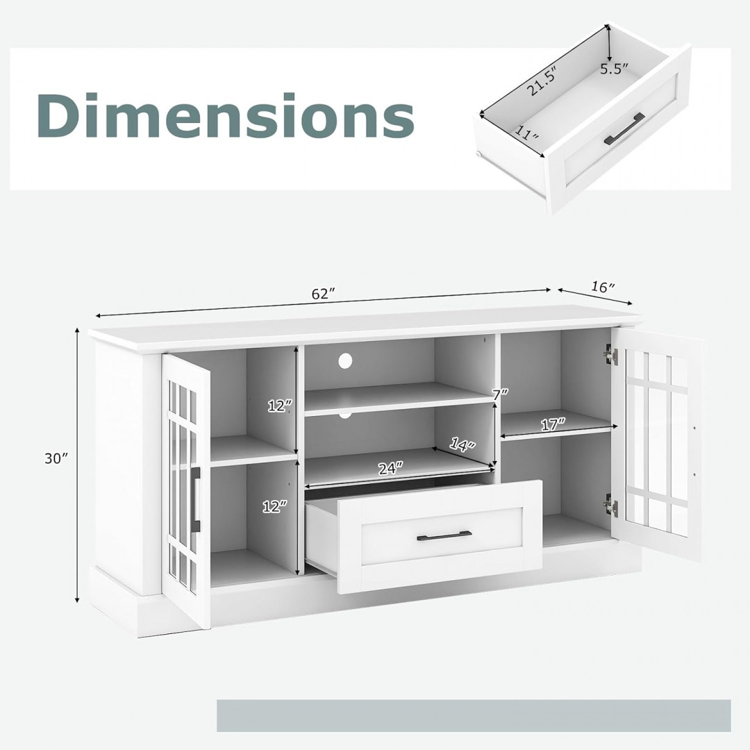 goflame farmhouse storage cabinet tv stand with glass doors - 62" x 16" x 30" - white - (model: hv10880wh) image 2