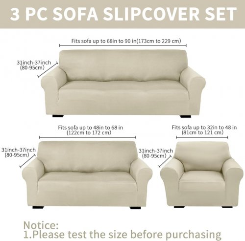 3pc Peryiter Wrinkle Free couch sofa, loveseat & armchair cover set - multiple sizes - beige (model: DOU-Peryiter-3318) image 2