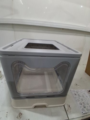 UNBRANDED FOLDING CAT LITTER BOX WITH FRONT ENTRY, TOP EXIT, AND SCOOP, 21.5" x 16" x 15" - GREY/WHITE image 3