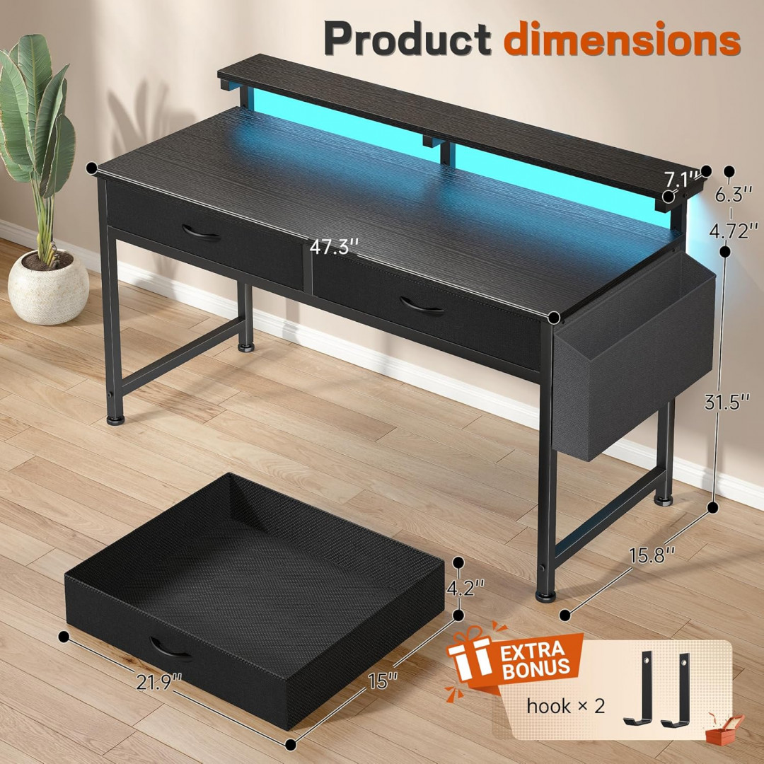 writing desk with fabric drawers and rgb led light - 48" - black (model: uscpd2d120lb) image 2