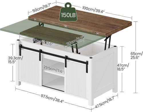 choezon farmhouse folding lift-top coffee table with sliding door storage - 40" x 40" - white/walnut - (model: mkf01wl) image 3