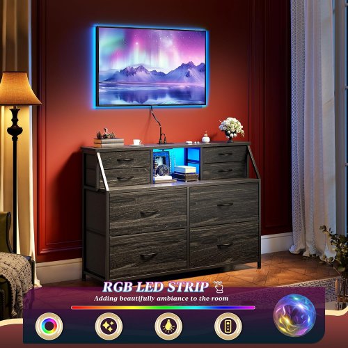 romorgniz 8-drawer fabric storage dresser with led lights and charging station - 35" x 11" x 29" - black - (model: 55scfdrled8dch) image 3