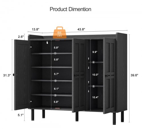 Abril 5-tier shoe cabinet with 3 doors and 3 adjustable shelves - Black (Model: SOC-103) image 2