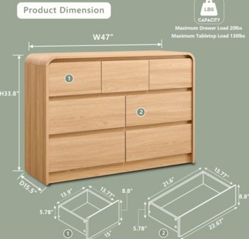 Aitjunz Modern 7 Drawers Dresser with Curved Profile Design - 15.5" x 47" x 34" - natural oak (model:ldqmfj7d-na-a-mys) image 2