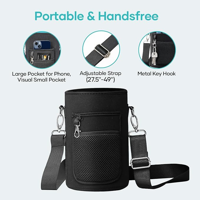 buzio insulated water bottle carrier pouch/bag with phone pocket & adjustable shoulder strap - for 87oz bottles - Black image 3