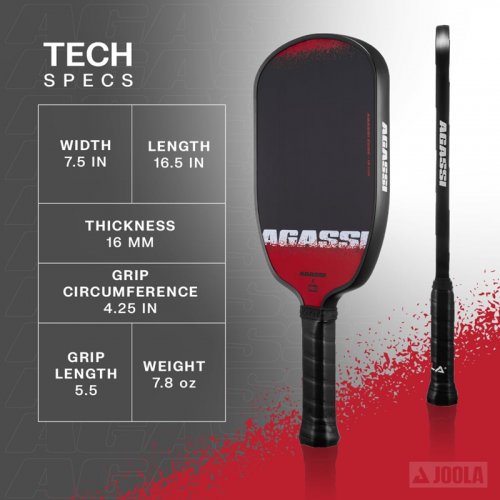 JOOLA X AGASSI GRAF Carbon Fiber or Fiberglass Face Pickleball Paddle - USAP & UPA-A Certified - 16MM - Black/Red image 2