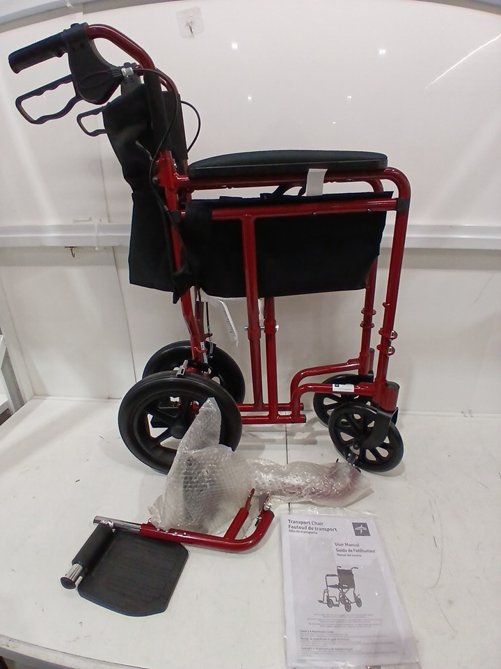 MEDLINE BASIC ALUMINUM TRANSPORT WHEELCHAIR 12" REAR WHEELS WITH BRAKES - 19"/300lbs cap - RED/black (MODEL: MDS808210ARE) image 4