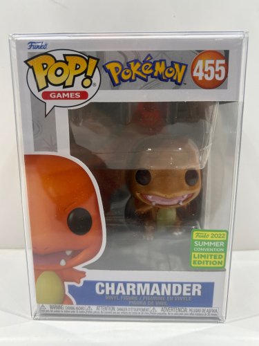 Funko pop! **metallic**2022 summer convention** games: pokemon - charmander vinyl figure (#455) **plastic protector cover** image 2