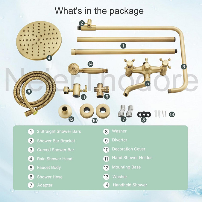 neierthodore wall mounted double cross handle shower faucet system with hand sprayer - 8" x 53.1" - antique brass (model: ‎FQT2-10) image 3