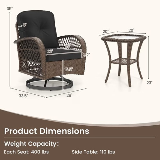 3PC Costway outdoor wicker patio swivel gliding armchairs AND TABLE set - 400lbs cap - black/brown (model: HW75079DK) image 3