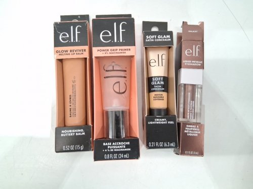 4 assorted elf makeup products - assorted  sizes, types and uses - lip balm / concealer / face primer / liquid eyeshadow image 2