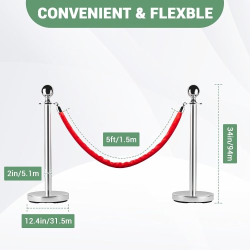 4pc garvee stainless steel Stanchion Post barrier with velvet rope - 34" x 5ft - 8 stanchions/4 ropes - stainless steel/red (model: ppg_xavulc) image 2