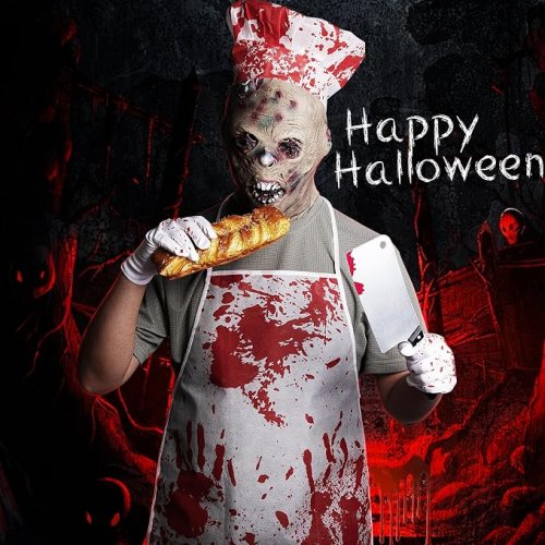 35PC Purple star bloody HALLOWEEN COSTUME set - apron, cap, gloves, knife and tattoos image 3
