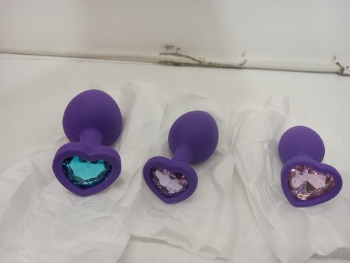 3pc silicone anal plug set with heart shaped gem base - purple image 3