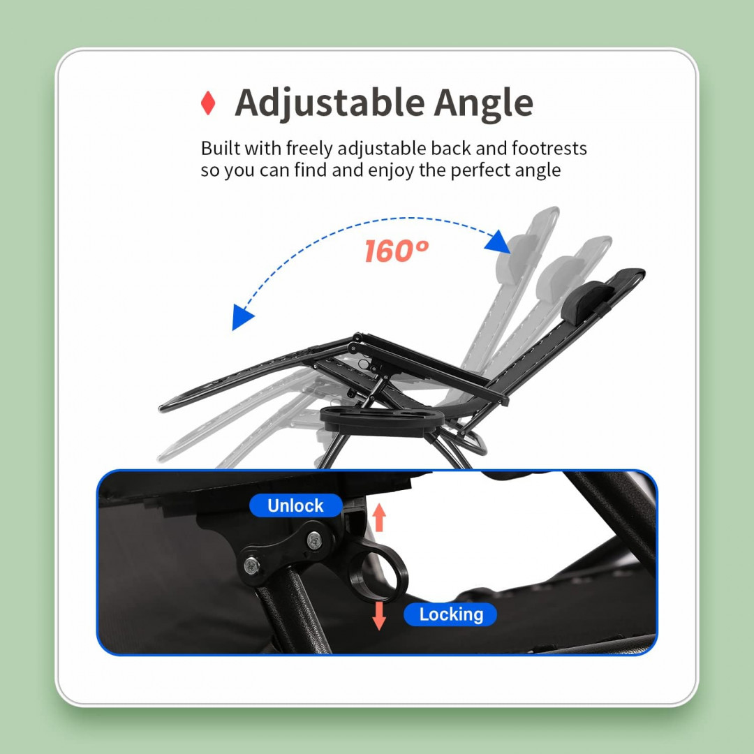 2pk paylesshere adjustable zero gravity lounge chair with cupholder - 20" seat - black - (model: dc-h096-black) image 3