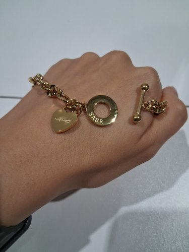link chain "صبر, Sabr/patience" heart charm toggle clasp bracelet - 7.5"/7mm width - gold image 4