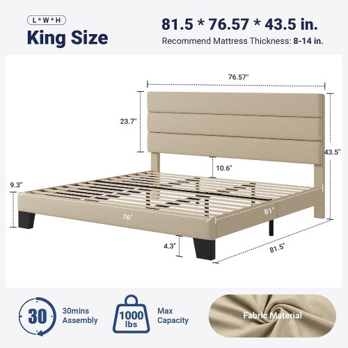 allewie platform bed frame with fabric upholstered headboard - queen - beige (model: KMLL003) image 2