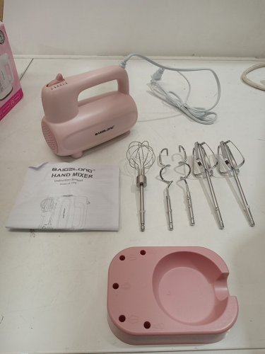 BAIGELONG Hand Electric Mixer with 5 Stainless Steel Attachments AND Storage Base - PINK - (MODEL:JA-122B) image 3