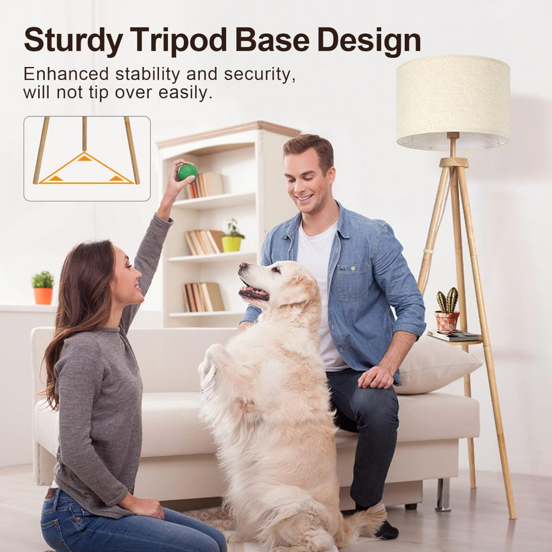 OUTON Tripod Floor Lamp Wood with Shelves, Mid Century LED Modern Dimmable Floor Lamp with Remote Control, Sturdy Tall Standing Lamp with Beige Linen Texture Shade for Living Room, Bedroom, Office (H-SJJ01) image 6
