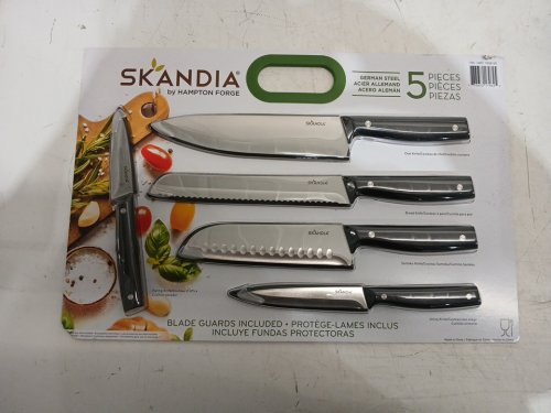 5PC SKANDIA BY HAMPTON FORGE GERMAN STEELE KNIFE SET WITH BLADE GUARDS/SHEATHES - CHEF, BREAD, SANTOKU, UTILITY, AND PARING - BLACK (MODEL: 1938125) image 3