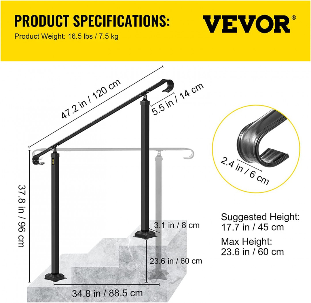 VEVOR OUTDOOR ADJUSTABLE 4 STEP HANDRAIL MADE FOR CONCRETE STEPS OR WOOD STAIRS, 47.2" X 37.8" - BLACK (model: H5710-4) image 3