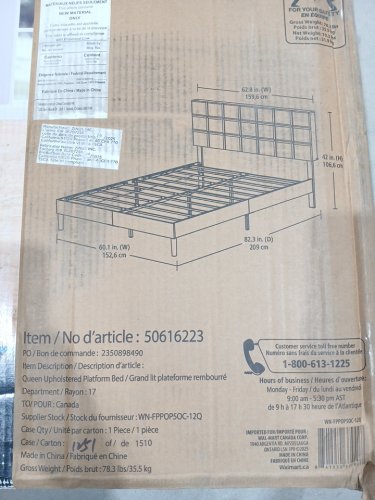 Mainstays Upholstered Platform Bed Frame with Square Stitch Height Adjustable Headboard - Queen - Grey (Model: 50616223) image 8