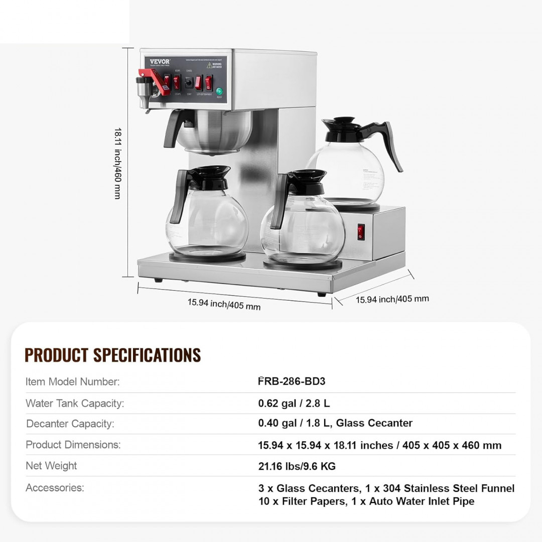 Commercial pour over Drip Coffee Maker Machine with 3 Warmer Plates & 3 Glass Carafes - 12cup - Stainless Steel (model: RBT-386-BD3) image 2
