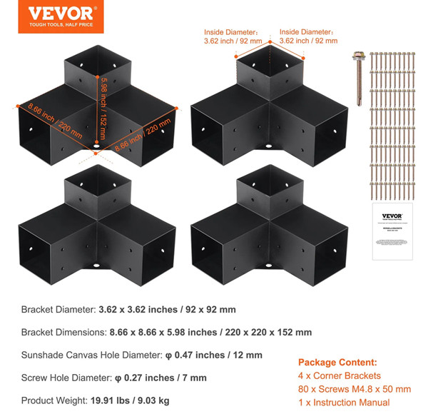 4PK VEVOR Pergola Bracket Kit Heavy Duty Corner Bracket Woodworks - 4'' x 4" - Black (Model: SSC4) image 2